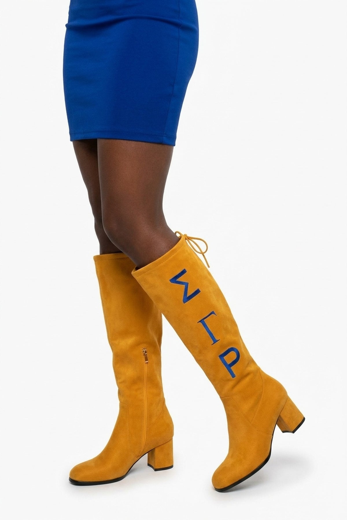 Sigma Gamma Rho Knee-High Boots in gold, studio, letters on the shaft