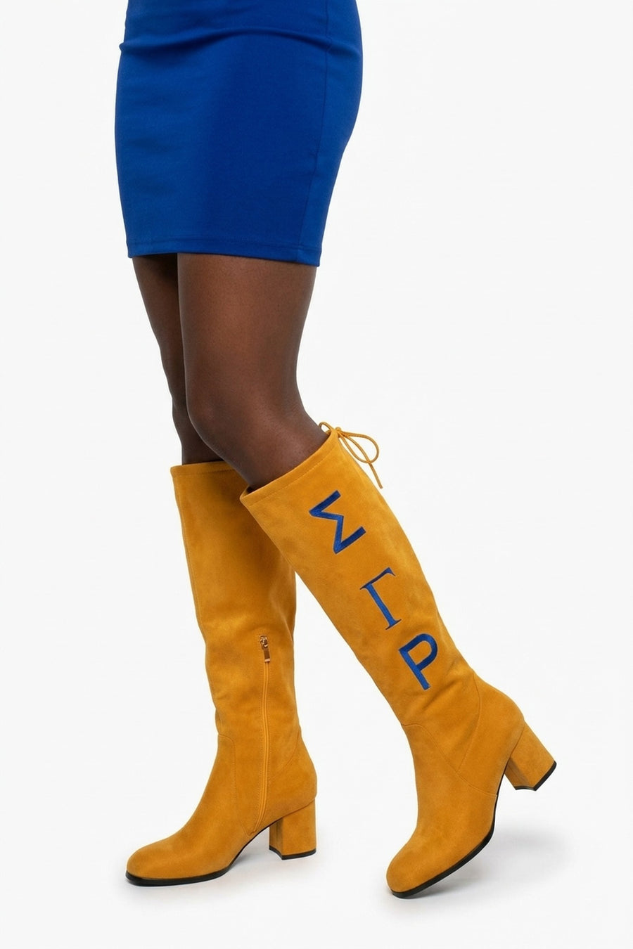 Sigma Gamma Rho Knee-High Boots in gold, studio, letters on the shaft