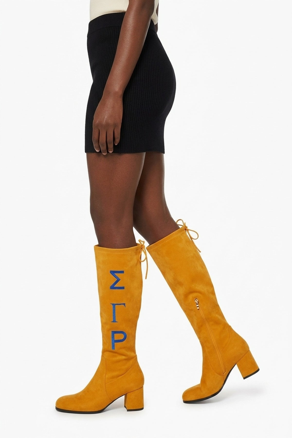 Sigma Gamma Rho Knee-High Boots in gold, studio, side profile