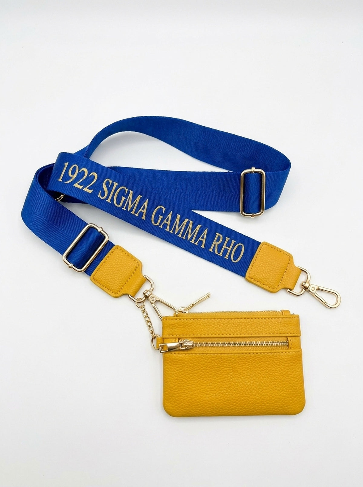 Royal blue purse strap with 1922 Sigma Gamma Rho in gold and the gold coin wallet