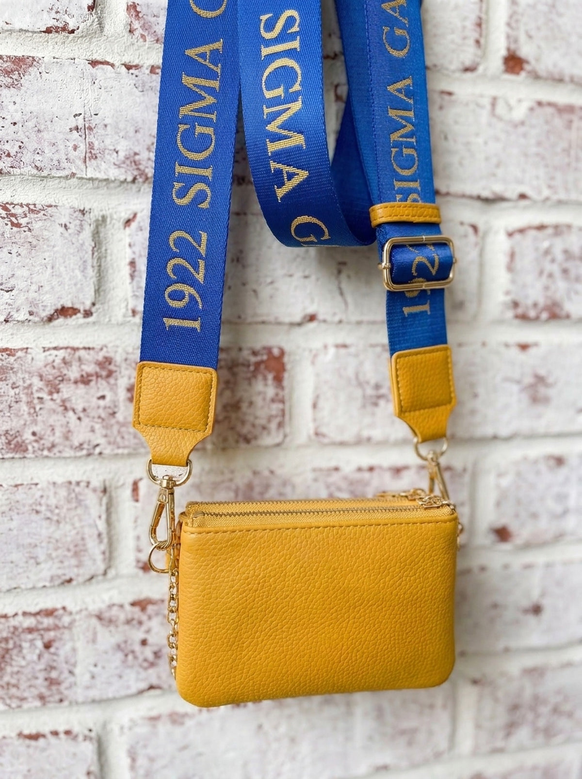 Gold coin wallet clipped to the royal blue Sigma Gamma Rho strap