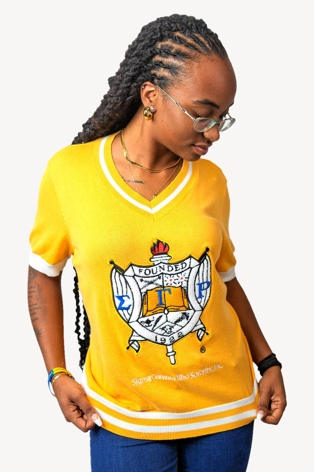 Shield Sweater Shirt in Gold, gold, front with denim