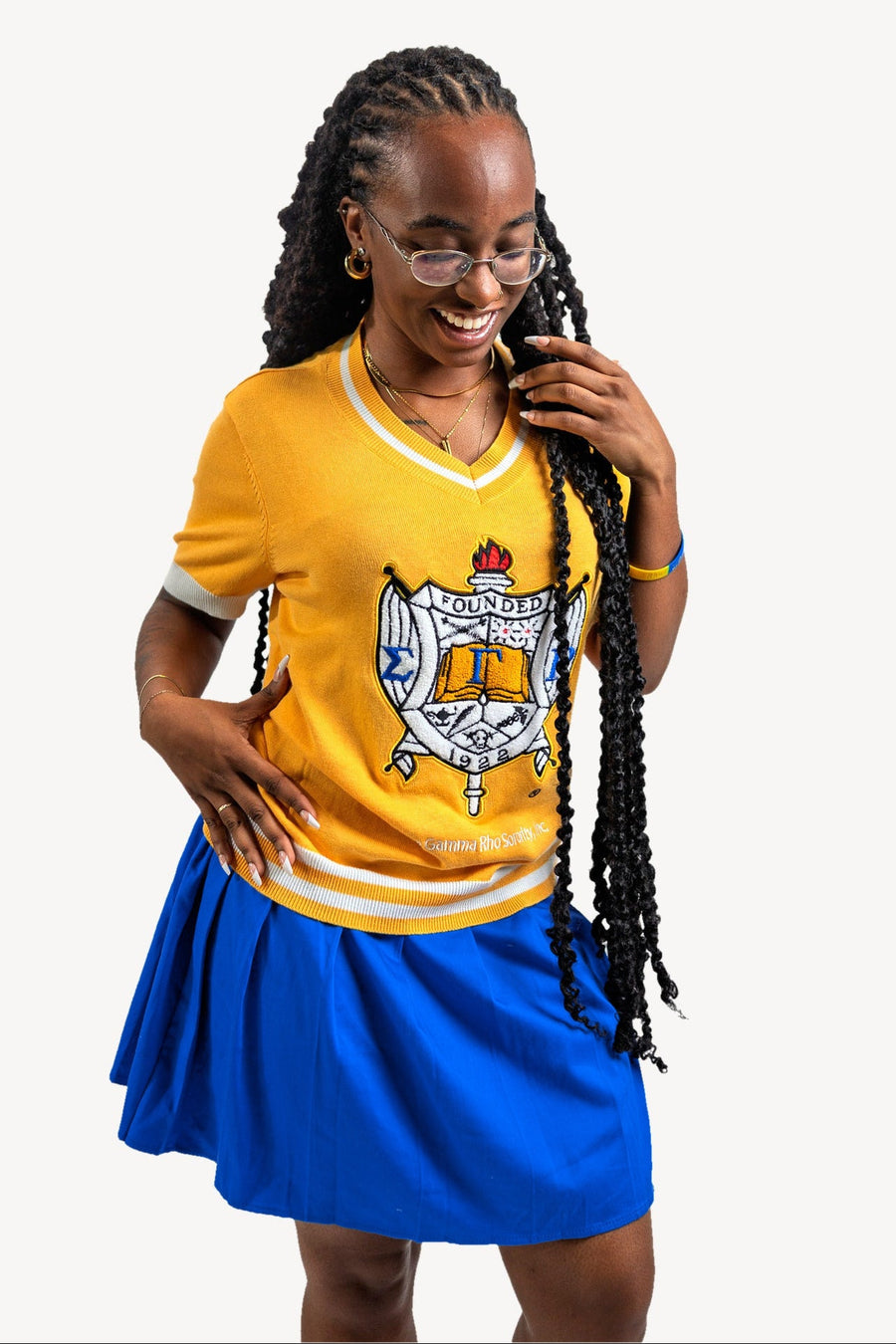 Shield Sweater Shirt in Gold, gold, styled with the blue skirt