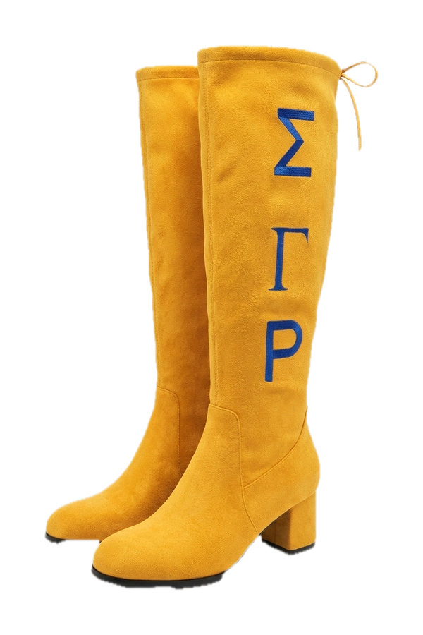 Sigma Gamma Rho Knee-High Boots in gold with royal blue letters