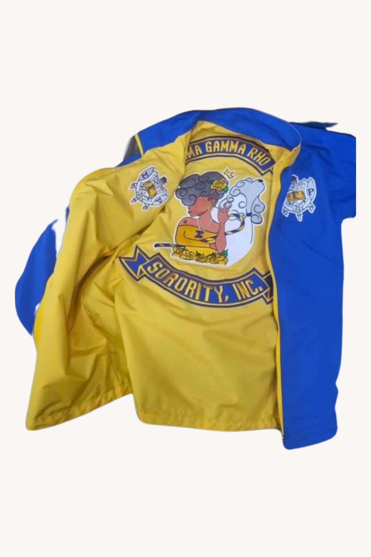 Sigma Gamma Rho Reversible Jacket, royal blue and gold, open to show both sides