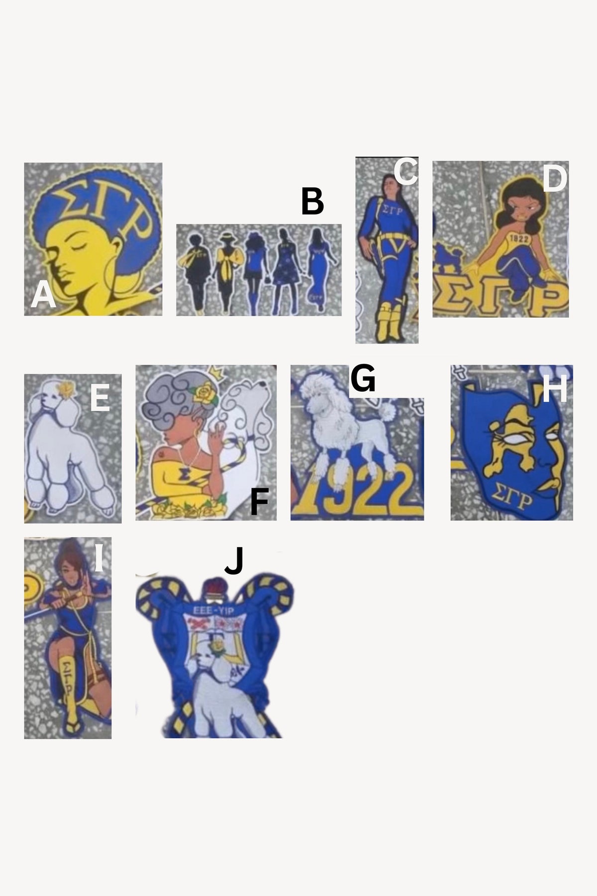 Sigma Gamma Rho Reversible Jacket, patch chart, designs A to J