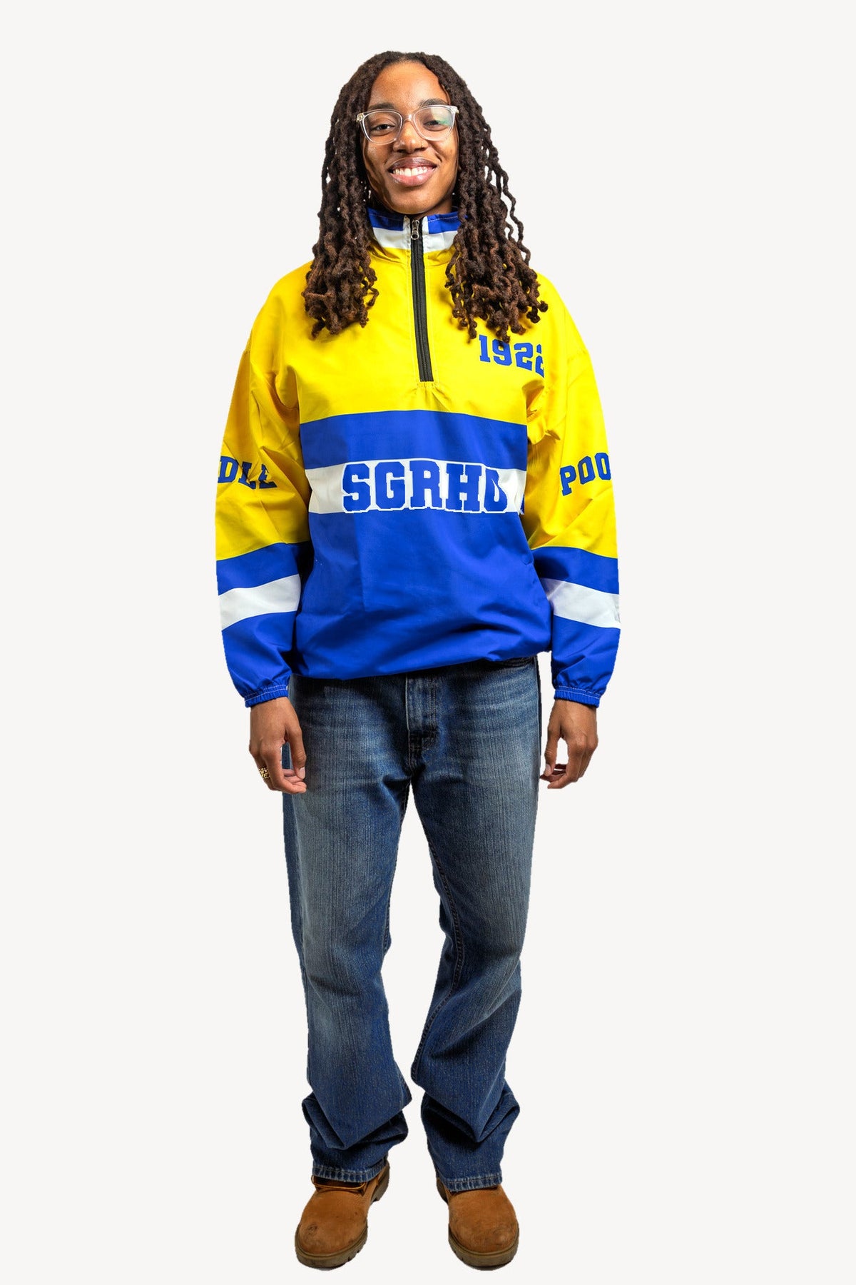The OTFR Windbreaker, royal blue and gold, front