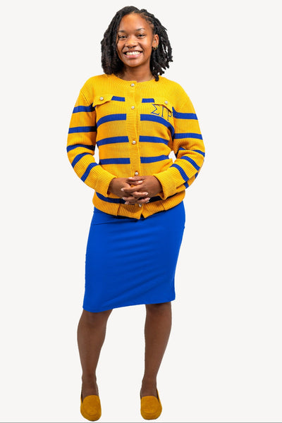 The Vivian Striped Cardigan, gold and royal blue, front