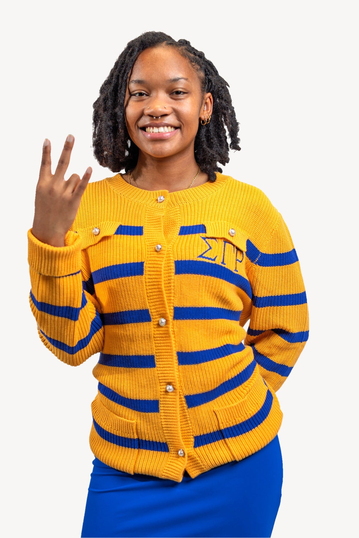 The Vivian Striped Cardigan, gold and royal blue, closer