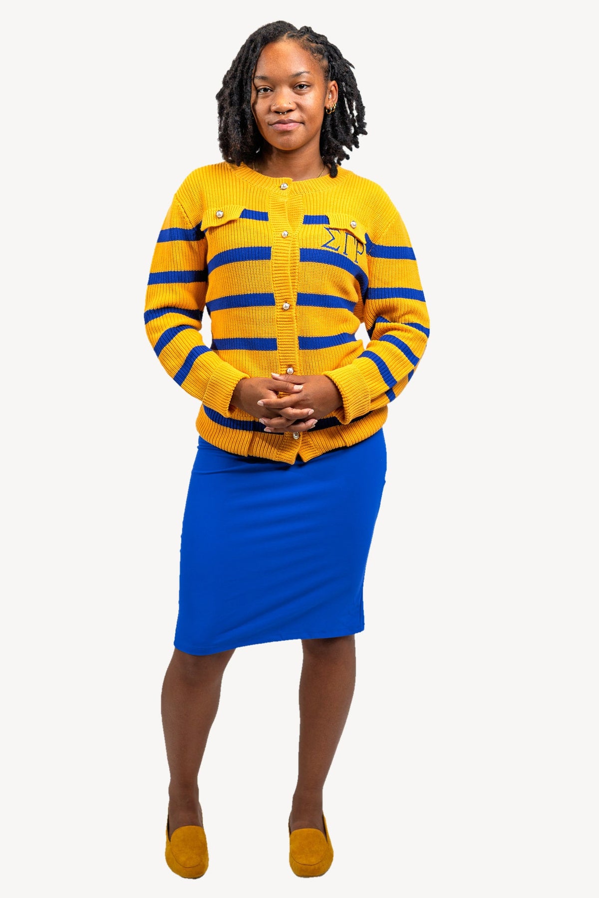 The Vivian Striped Cardigan, gold and royal blue, front